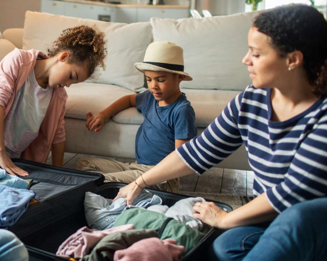 Family packing for a trip. 