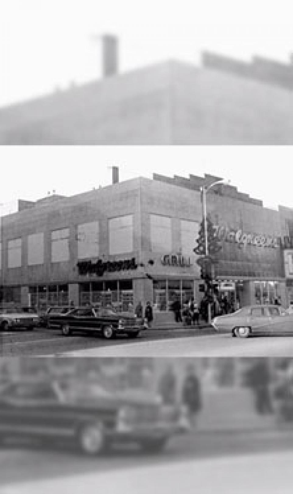 Black and white storefront photograph of the first Walgreens store in Puerto Rico