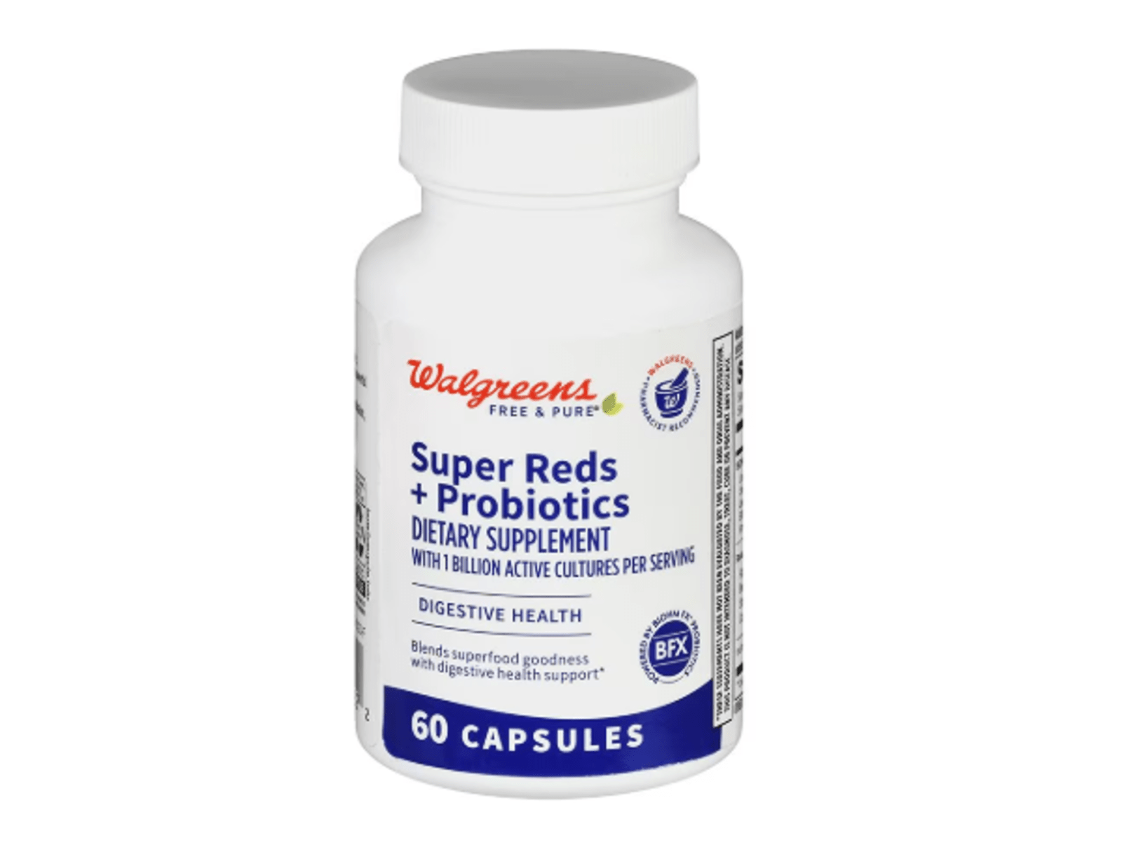 Bottle of Superfood Reds + Probiotics capsules.