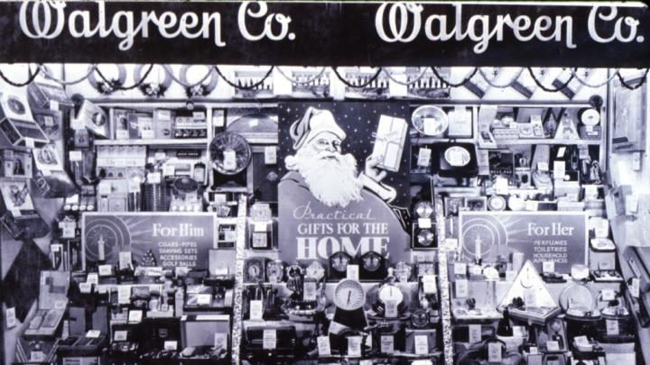 Walgreens holiday window display in the 1940s